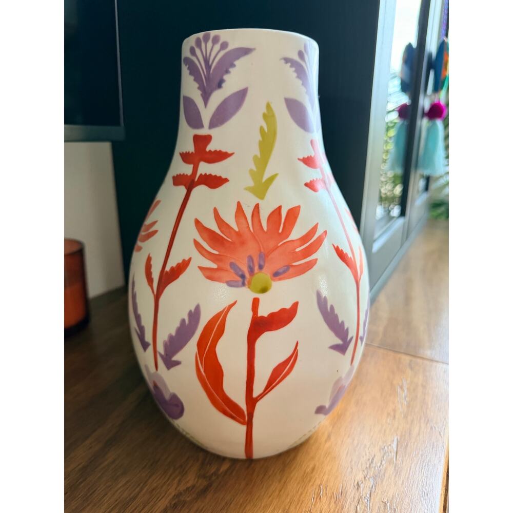 Anthropologie Zuli Pottery Vase 10.75" Ceramic Hand-Painted Floral Botanical